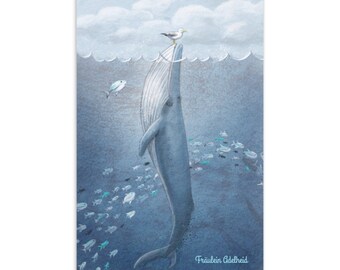 Postcard Whale and Seagull Illustration Sea