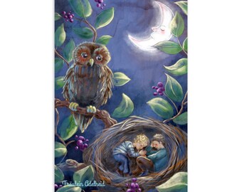 Postkarte Eule Mond Illustration Kinder