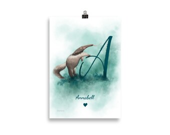 Children's poster A like anteater, personalized name poster for the nursery