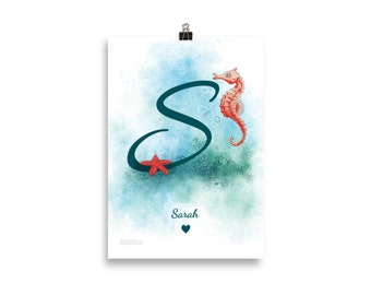 Kinderposter S wie Seepferdchen, Poster mit Wunschnamen personalisierbar fürs Kinderzimmer