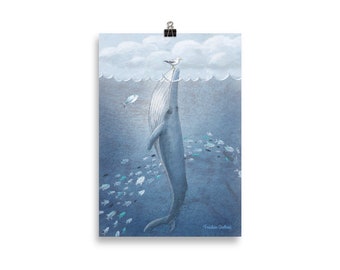 Children's Poster Whale and Seagull Poster Nursery Baby Room Illustration