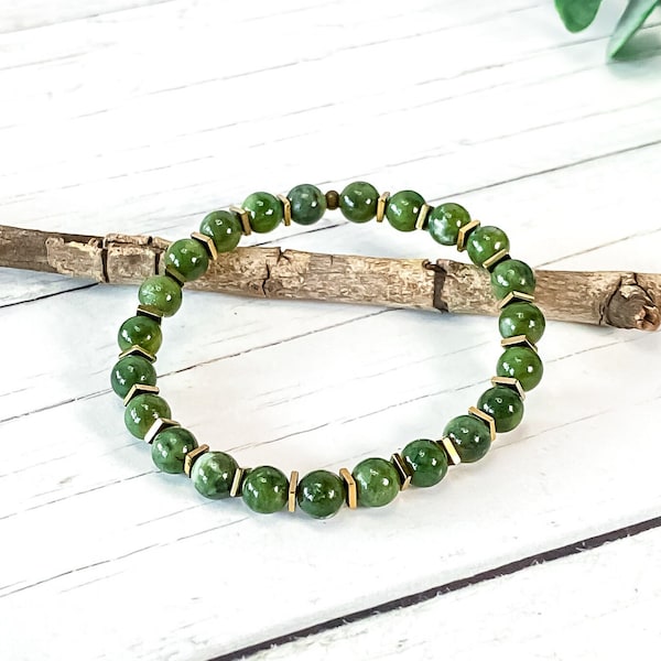 Natural Jade and Pyrite Beaded Stretch Bracelet for Men and Women - Crystal Healing, Chakra Balance, Gift for Abundance and Positivity