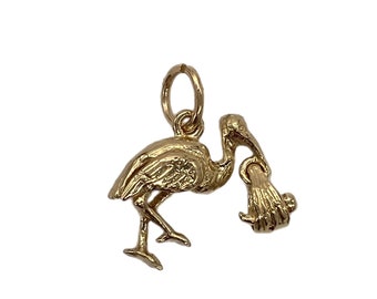 9K 9CT Gold Vintage 3D Articulating Stork & Baby Charm Pendant