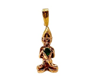 13K Gold Vintage Elf Leprechaun Fairy Holding Emerald Stone Sitting on Shamrock Charm Pendant