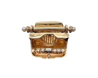 14K Gold Vintage 3D Typewriter with Diamonds and Moveable Carriage Charm Pendant