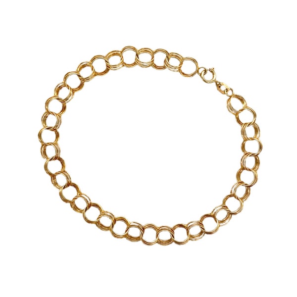 14K Solid Gold Triple Circle Link Charm Bracelet 7.25"