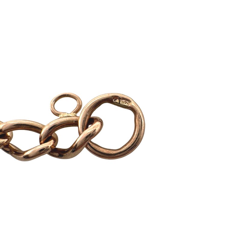 May include: Close-up of a gold-colored chain clasp. The clasp is made of interlocking oval links and a circular ring. The metal has a warm, polished finish. The clasp is set against a white background.