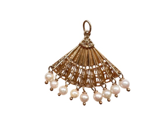 14K Gold Vintage Hand Fan with Pearls Pendant - image 1