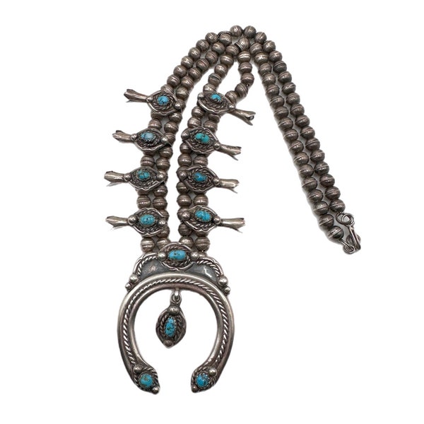 925 Sterling Vintage Silver Squash Blossom with Turquoise Petite Necklace