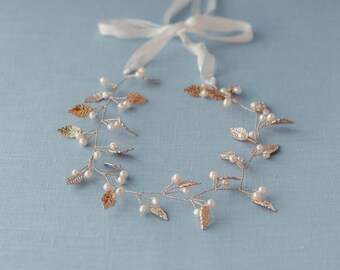 Gold Leaf And Natural Freshwater Pearl Bridal Hair Vine