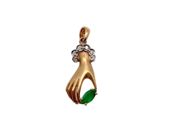 14K Gold Estate Hand Holding Emerald with Diamond… - image 2