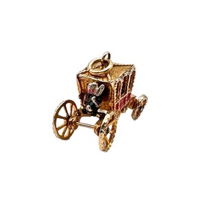 9K 9CT Gold Vintage 3D Carriage Charm with Enamel and Moveable Wheels