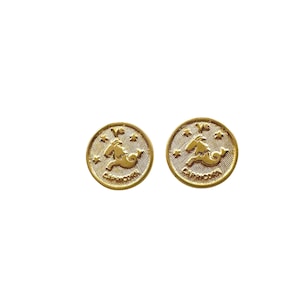 May include: Two gold-colored Capricorn zodiac sign earrings. Each earring features a detailed relief of a mythical sea-goat, surrounded by stars, and the word "CAPRICORN" in a circular border. The earrings have a polished finish.