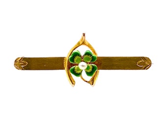 Antique 10K Gold Enamel Four Leaf Clover Wishbone Pin