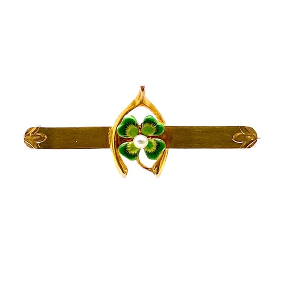 Antique 10K Gold Enamel Four Leaf Clover Wishbone Pin