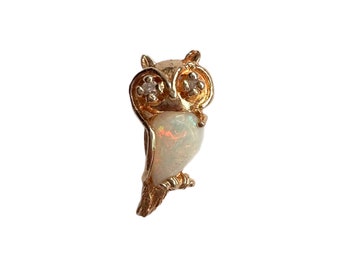 14K Gold Opal and Diamond Owl Pendant