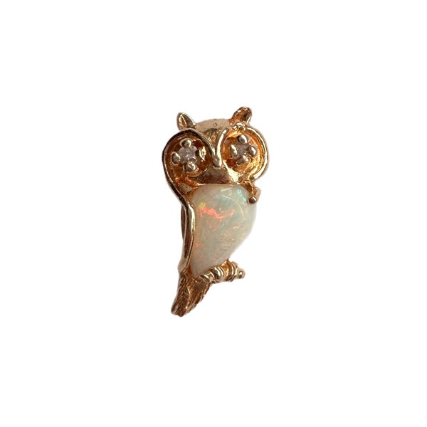 14K Gold Opal and Diamond Owl Pendant