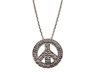 14K White Gold Estate Peace Sign with Diamonds Pendant on 16” Necklace