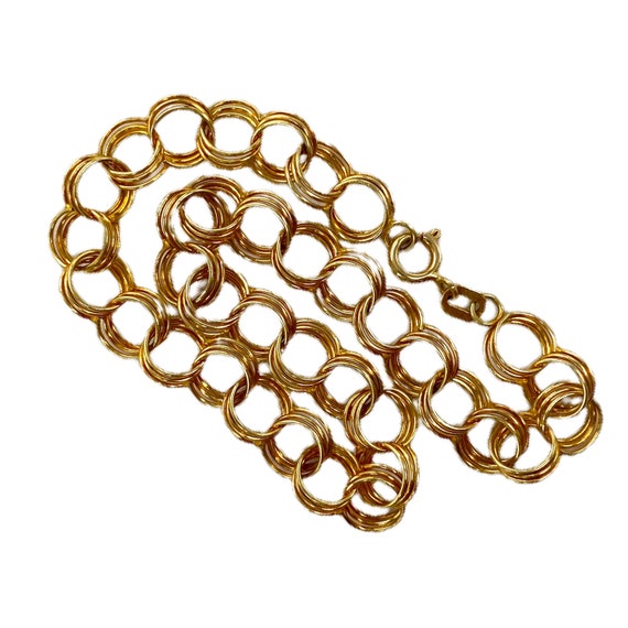 14K Solid Gold Triple Circle Link Charm Bracelet 7.25" Gem