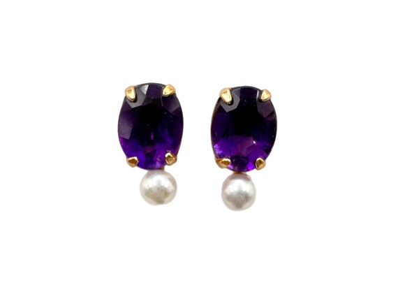 Antique Amethyst Seed Pearl Gold Earrings Vintage 14k real solid gold Pearl amethyst Earrings​​​​ display picture 1