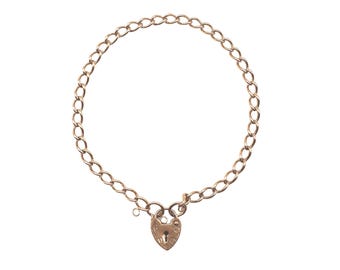 9K 9CT Rose Gold Vintage Curb Link Bracelet with Heart Padlock Clasp