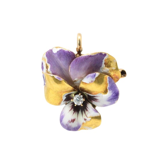 14K Gold Diamond And Enamel Pansy Convertible Pend