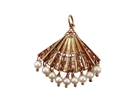 14K Gold Vintage Hand Fan with Pearls Pendant - image 2