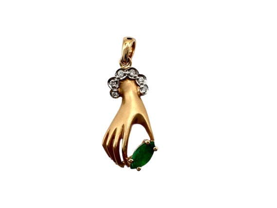 14K Gold Estate Hand Holding Emerald with Diamond… - image 1