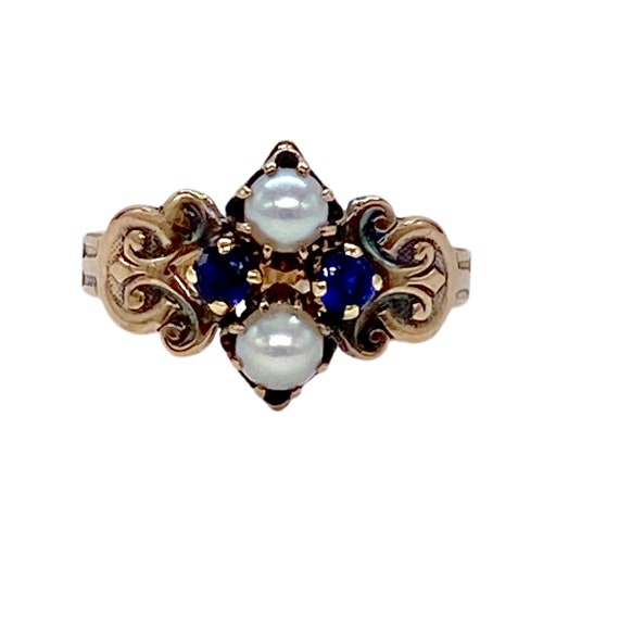 8K Gold Antique Ring with Pearls and London Blue T