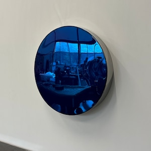 metal wall decor, Chrome Sculpture Wall Art, artwork, metal wall art, blue art, round mirror, mirror art, blue mirror