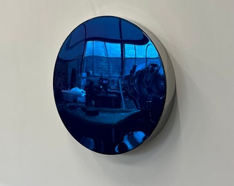 metal wall decor, Chrome Sculpture Wall Art, artwork, metal wall art, blue art, round mirror, mirror art, blue mirror