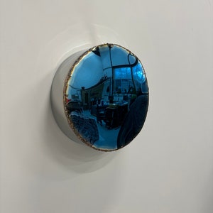 Round blue convex mirror, chrome sculpture , round wall mirror , mirror art , blue sculptures, blue mirror, concave mirror, art, metal,