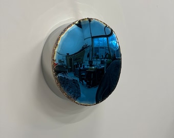 Round blue convex mirror, chrome sculpture , round wall mirror , mirror art , blue sculptures, blue mirror, concave mirror, art, metal,
