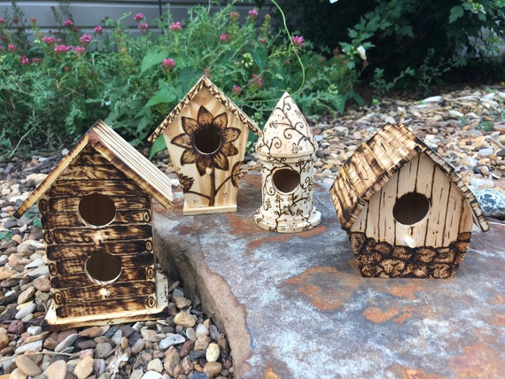 Wood Burned Bird House Set Etsy