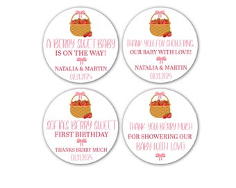 Strawberry Theme Party Stickers - First Birthday, Baby Shower Favors