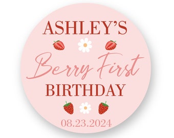 Berry First Birthday Stickers: Strawberry Theme, Waterproof Labels