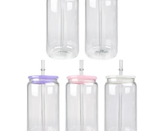 Blank 16 Oz Glass Can Tumbler: Sublimation, Colored Lid & Straw - Etsy