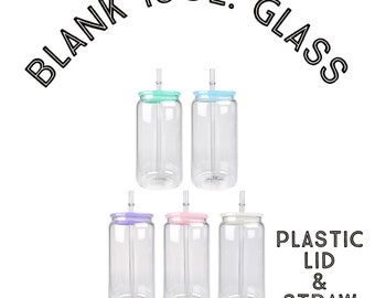 Blank 16 oz Glass Can Tumbler: Sublimation, Colored Lid & Straw
