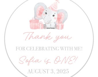 Elephant First Birthday Stickers: Waterproof Thank You Labels, Pink Party Favors