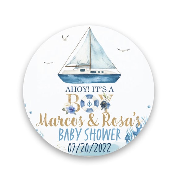 Ahoy Baby Shower round labels - Sticker for Shower - Boy Baby Shower - Nautical baby shower labels - Ahoy its a BOY - Sailboat Sailor
