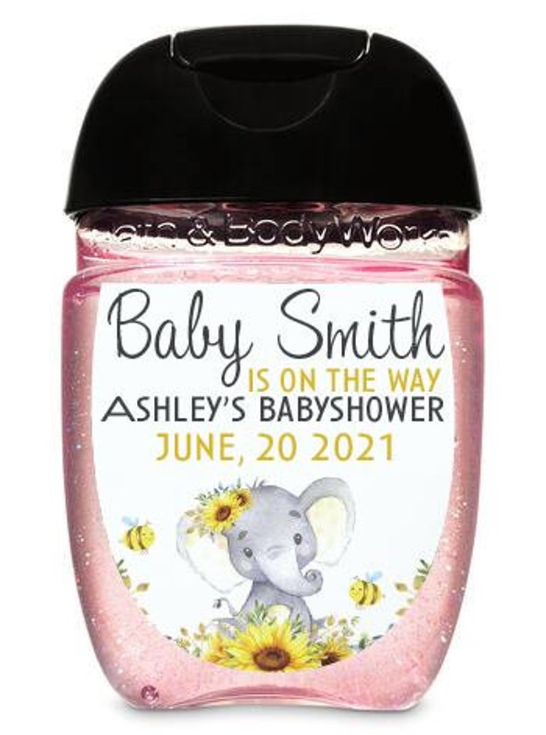 sunflower- babyshower hand sanitizer labels elephant baby shower favors Hand sanitizer labels bbw- baby elephant shower- baby shower