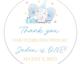 Elephant First Birthday Stickers: Waterproof Thank You Labels, Blue Party Favors