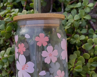 Cherry Blossom Glass Can- 16oz - flower Iced Coffee Glass Can - Beer Glass - flower Glass Cup - flower Wrap Sakura - Bridesmaid tumbler -