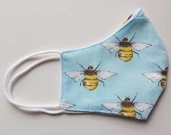 Bee Print Face Mask, Washable and reusable, Size S-M, Double Layer Cotton, Handmade, Fast delivery