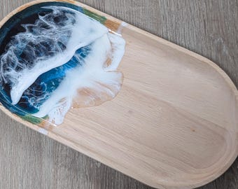 Beach Resin and Timber Tray // Trinket Tray // Candle Tray // Resin Tray // Key Tray // Jewelry Tray // Oval Trinket Dish //Timber Oval Tray