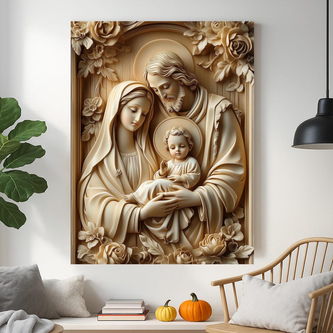 Holy Family Canvas – Jesus, Mary & Joseph Wood Carving Art | Christian ...