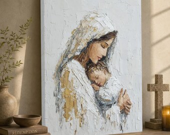 Madonna and Child Canvas Print, Textured Religious Wall Art, Catholic Painting Poster