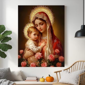 Virgin Mary and Child Jesus Canvas, Madonna with Roses, Catholic Religious Wall Art