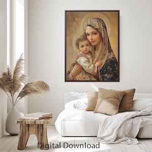 Jungfrau Maria und Jesuskind Porträt - Inspirierende christliche digitale Download Wandkunst für Wohnkultur