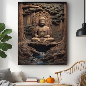 May include: A framed artwork depicting a serene Buddha statue carved from wood, set within a forest scene. The Buddha is seated in a meditative pose, surrounded by detailed carvings of trees and a small waterfall. The color palette is dominated by warm browns and natural tones.